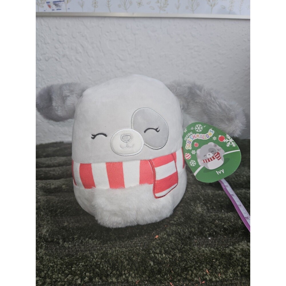 Squishmallows Ivy Gray Dog Christmas Plush 7" Red White Scarf Holiday NWT